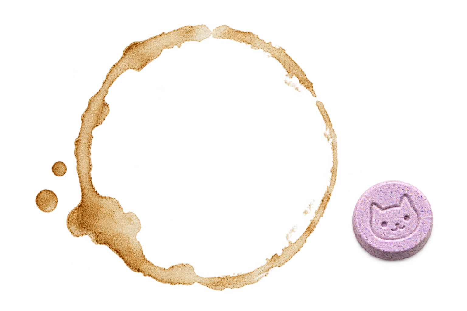 A coffee spill beside a playful cat-stamped parody pill